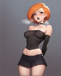 1girls ai_generated ann_possible bare_shoulders black_lipstick blue_eyes blush breasts choker collarbone covered_navel disney earrings elbow_gloves female fishnets goth gradient_background heavy_breathing hips kim_possible lipstick looking_at_viewer makeup mascara mature_female milf miniskirt notreallyhere orange_hair parted_lips perky_breasts pleated_skirt pointy_chin short_hair solo