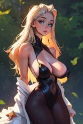 ai_generated blonde_hair blue_eyes cleavage falling_leaves forest nylons saggy_breasts slender_waist