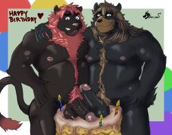 bear belly big_belly birthday birthday_cake black_bear dick fat fat_man furry hairy lion looking_at_viewer male muscle muscular muscular_male penis smile spicypad thick_penis