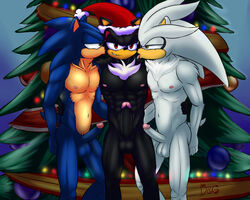 5:4 anthro black_body black_fur blue_body blue_fur christmas christmas_tree dgemporium eulipotyphlan fur genitals hedgehog hi_res holidays kissing licking male male/male mammal muscular muscular_male penis shadow_the_hedgehog silver_the_hedgehog smile sonic_(series) sonic_the_hedgehog sonic_the_hedgehog_(series) tongue tongue_out tree white_body white_fur