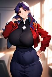 ai_due ai_generated brown_eyes huge_breasts large_breasts long_hair looking_at_viewer mature_female milf misato_katsuragi neon_genesis_evangelion purple_hair red_jacket smiling_at_viewer voluptuous voluptuous_female