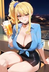 1girls ai_generated bare_legs bare_thighs beer bell_collar big_breasts black_bra black_lingerie blonde_female blonde_hair blue_shirt blush bra bra_cups_sticking_out busty choker city_background cleavage clothed clothing collarbone collared_shirt color curvy curvy_female drink earrings fairy_tail female female_focus female_only hair_ornament hi_res hips holding_glass indoors jewelry laino_airt large_breasts licking_lips light-skinned_female light_skin lingerie long_hair looking_at_viewer lucy_heartfilia night night_sky panties pantyshot ponytail side_ponytail sidelocks sitting skirt sleeves_rolled_up solo solo_female thick_thighs thighs tied_shirt tongue_out underwear wet wet_body wet_clothes window