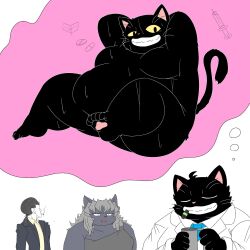 anthro belly black_body black_fur bodily_fluids cigar domestic_cat fantasizing felid feline felis fur grin group hi_res human kemoduelist male mammal necktie nude overweight pawpads smile sweat thought_bubble trio yellow_eyes