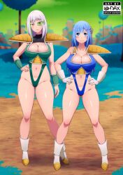 2girls armor artist_logo artist_name bangs blue_hair blush boots breasts cameltoe cleavage cosplay crossover_cosplay dragon_ball dragon_ball_z gloves green-tinted_eyewear green_highlights hairclip hand_on_hip long_hair multicolored_hair navel ohdax pose re:zero_kara_hajimeru_isekai_seikatsu rem_(re:zero) saiyan_armor scouter sleeveless smile tinted_eyewear white_hair zarestia