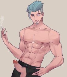 1boy abs awkkk bara barazoku blue_hair cigar cigarette cock_out_of_pants defined_muscles facial_hair fredrinn_(mobile_legends) gay goatee grey_background hand_on_hip holding_cigar holding_cigarette male male_focus male_only mobile_legends mobile_legends:_adventure mobile_legends:_bang_bang muscles muscular muscular_male pants_open shirtless shirtless_male smirk smirking smoking smoking_cigarette solo solo_male yaoi