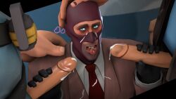 3boys 3d 3d_(artwork) blowjob cum cum_in_mouth cum_on_clothes cum_on_face double_blowjob gloves grenade hand_on_head hand_on_shoulder male/male sfm sniper_(team_fortress_2) soldier_(team_fortress_2) spy_(team_fortress_2) team_fortress_2