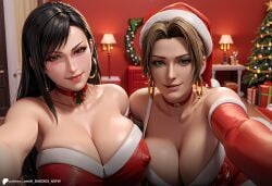 aerith_gainsborough ai_assisted ai_baddies ai_generated asian asian_female brown_hair caucasian christmas christmas_outfit close-up cowboy_shot dark_hair festive final_fantasy final_fantasy_vii gift green_eyes holidays inside large_breasts light-skinned_female light_skin long_hair looking_at_viewer party patreon patreon_link patreon_logo patreon_url patreon_username red_dress red_eyes santa_costume santa_hat selfie smirk tifa_lockhart