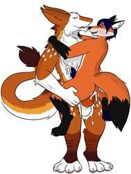 anal anal_sex animal_genitalia anonymous_artist anthro ass balls black_body black_fur blue_genitals blush bodily_fluids canid canine cum cum_in_ass cum_inside digitigrade dorito_fox duo erection fox fur genital_fluids genitals hair hi_res knot leg_markings male male/male male_penetrated male_penetrating male_penetrating_male mammal markings nude open_mouth orange_body orange_fur paws penetration penis sergal sex smile socks_(marking) tongue tuft white_body white_fur