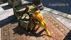 2girls 3d amazed argonian capplegate10 duo eye_contact female fisting game_screenshot lizard nude oblivion open_mouth outside piercing public smile stomach_bulge the_elder_scrolls yuri