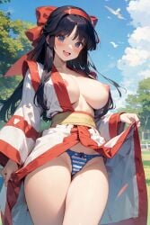 1girls ai_generated ainu_clothes big_breasts black_hair breasts busty clothes_lift female female_only grey_eyes hair_ribbon hi_res king_of_fighters large_breasts legs lifted_by_self long_hair looking_at_viewer nakoruru nipples panties pants presenting samurai_shodown smile snk solo thighs