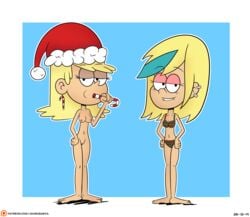 2019 2girls blonde_hair blue_hair bra breasts dated female female_only half-closed_eyes javisuzumiya leni_loud multiple_girls nipples nude panties pussy sam_sharp santa_hat straight_hair the_loud_house