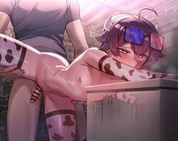 2boys absurdres ahoge animal_print bar_censor black_hair black_shirt blush bottomless censored cow_horns cow_print cow_print_gloves cow_print_thighhighs elbow_gloves erection eyewear_on_head femboy feminine_male girly gloves half-closed_eye heterochromatic_eyewear highres horns howcow_(vtuber) indie_virtual_youtuber indoors leg_up male male/male male_focus male_only multiple_boys nipples nude otoko_no_ko otonashi_(otonashi5959) penis print_gloves print_thighhighs red_eyes sex sex_from_behind shirt solo_focus sweat testicles thighhighs trap virtual_youtuber x-ray yaoi