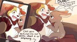 2020s 2023 2024 absurd_res adult_anthro adult_male adult_on_young age_difference anal anthro blocking blush bodily_fluids bottomless brown_body brown_eyes brown_fur bubblecat camera canid canine canis car car_sex cub cum cum_in_ass cum_inside dialogue domestic_dog drooling electronics english_text fur genital_fluids hand_on_butt hare hi_res humor lagomorph leporid male male/male male_cub male_only mammal nude older_anthro older_male older_on_cub older_on_young orville_(bubblecat) penetration phone pubes raised_hand recording saliva sex shirt speech_bubble stated_age sweat tank_top young young_anthro young_male young_penetrated younger_anthro younger_male younger_penetrated