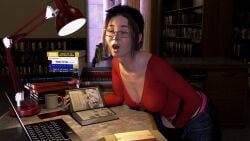 1girls 3d 3d_(artwork) artist_request big_breasts brown_hair clothed_masturbation eyes_half_open female female_masturbation female_only fingering_under_clothes glasses hand_in_panties indoors looking_pleasured masturbation milf moaning office porn_magazine red_shirt rolling_eyes semi_closed_eyes shirt solo_female stealth_masturbation watching_porn