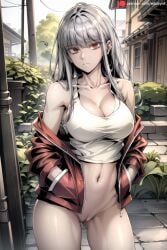 ai_generated ass_visible_through_thighs bangs bare_shoulders blunt_bangs bottomless breasts building cleavage closed_mouth collarbone cowboy_shot crop_top day edosynf female grey_hair hands_in_pockets hero_killer highres ihwa jacket large_breasts long_hair long_sleeves looking_at_viewer navel off_shoulder open_clothes open_jacket outdoors pavement pussy red_eyes red_jacket road self_upload sidelocks solo standing stomach tank_top thighs uncensored white_tank_top