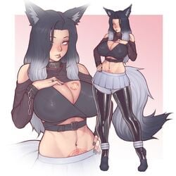 1girls 2020 animal_ears animal_feet animal_legs animal_tail asura_(artist) balls big_breasts black_fur black_hair black_legwear black_nails breast_tattoo breasts chains cleavage collar crop_top female female_only grey_fur hand_on_breast hand_on_hip hand_over_breast large_breasts latex_legwear leggings light-skinned_female light_skin long_fingernails long_hair midriff original_character pierced_belly_button pierced_lip piercing piercings pubic_tattoo ring shackles shiny_clothes skirt solo taur topwear two_tone_fur two_tone_hair white_eyes white_fur white_hair wolf_ears wolf_girl wolf_tail