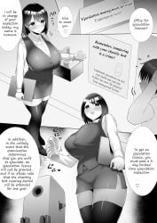 1boy 1girls black_and_white blush controller_masturbation dominant_female domination dominatrix doujinshi english_text fake_pussy female femdom fleshlight full_body government_employee large_breasts male malesub miniskirt monochrome onahole pencil_skirt speech_bubble standing thighhighs zettai_ryouiki