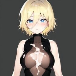 1girls ai_generated black_clothing blue_eyes chris confused cum cum_on_breasts day_when_world_become_free embarrassed embarrassed_female female female_only latex_suit light_hair looking_at_viewer open_mouth short_hair solo