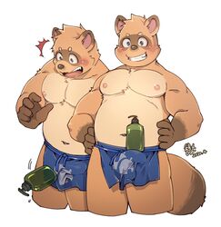 1boy 2020 animal_crossing anthro apron bara belly blue_eyes blush brown_body brown_fur bulge canid canine clothing duo erection erection_under_clothing fur genital_outline hi_res humanoid_hands m_ikky male male_only mammal moobs navel nintendo nipples penis_outline raccoon_dog shampoo_challenge simple_background slightly_chubby solo_male tanuki timmy_nook tommy_nook video_games white_background