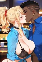 1boy 1girls ai_generated big_breasts black_bra blonde_hair blush bra breasts brown_eyes choker closed_eyes clothing collared_shirt color dark-skinned_male dark_skin ear_piercing eyelashes fairy_tail female hair_scrunchie hetero hi_res interracial kissing laino_airt large_breasts light-skinned_female light_skin long_hair lucy_heartfilia male male/female muscles muscular muscular_male open_clothes ponytail sleeves_rolled_up standing tagme tied_hair tied_shirt unbuttoned unbuttoned_shirt upper_body