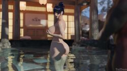 3d 3d_(artwork) 3dx breasts dead_or_alive demon earring hair_bun hair_up holding_own_breast hoop_earrings japanese_architecture japanese_female large_ass large_breasts large_penis long_penis looking_over_shoulder nude nude_female nyotengu onsen penis pool taidoro tengu wet_body wet_skin