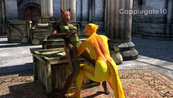 2girls 3d amazed argonian capplegate10 duo eye_contact female fisting game_screenshot lizard nude oblivion open_mouth outside piercing public smile stomach_bulge the_elder_scrolls yuri