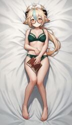 ai_generated aimoonshine alternate_version_available animal_ears barefoot blue_hair blush covering_crotch dakimakura dakimakura_design embarrassed full_body genshin_impact glasses green_bra green_hair green_panties hair_flaps hat holding_book lace_trim lingerie looking_at_viewer lying medium_breasts on_back on_bed orange_eyes ponytail round_eyewear smile streaked_hair sucrose_(genshin_impact) underwear_only wavy_mouth