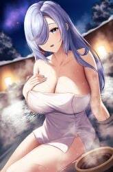 blue_eyes genshin_impact naked_towel one_eye_covered onsen shenhe_(genshin_impact) solo_female towel towel_only ym-1