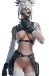 ai_generated armwear breasts crotch_cutout dynamic_hush_(fortnite) edit edited female female_only fortnite fortnite:_battle_royale functionally_nude functionally_nude_female hush_(fortnite) looking_at_viewer mask masked masked_female nude_edit nude_filter pussy red_eyes shaved_pussy shiny_skin solo solo_female thigh_highs thighhighs white_background white_hair