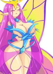 arms_under_breasts artist_request big_breasts blue_outfit blush butterfly_wings clothing collar covering_breasts crossed_arms crown crystals curves curvy curvy_figure curvy_hips cute cute_female elf_ears empress_of_light gemstone gemstones goddess light_blush long_nails pink_hair pink_sclera sfw sharp_nails suggestive taller_girl tendrils terraria thick thick_thighs tiara voluptuous voluptuous_female white_eyes wings yellow_body