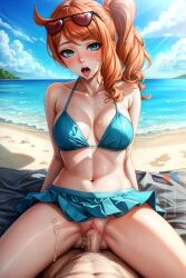 1boy 1girls ahe_gao ahe_gao ai_generated artsbuyu bangs bikini bikini_bottom bikini_top blush censored cowgirl_position cum cum_in_pussy cum_inside curly_hair embarrassed eyewear_on_head hair_between_eyes hi_res long_hair looking_at_viewer medium_breasts navel open_mouth orange_hair penis pokemon pokemon_ss ponytail pussy riding riding_penis saliva sex skirt sonia_(pokemon) stable_diffusion straight straight tongue vaginal_penetration vaginal_penetration