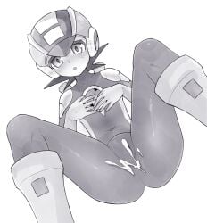 1boy blush bodysuit bulge cum femboy helmet kokemega male_only mega_man mega_man_battle_network megaman.exe monochrome