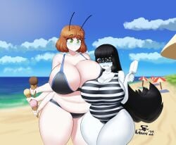 2girls ant_girl ant_humanoid antennae antennae_(anatomy) anthro arthropod_humanoid beach big_breasts big_thighs black_hair blush borrowed_character breasts_bigger_than_head brown_hair bug_girl bugs child_bearing_hips commission duo duo_focus enormous_breasts fat_thighs female female_only gigantic_breasts green_eyes huge_breasts huge_thighs ice_cream kalmoire large_breasts large_thighs long_hair massive_breasts massive_thighs original_characters pale-skinned_female pale_skin popsicle rami_(kalmoire) raminta_ziuretaite short_hair sky slightly_chubby slightly_chubby_female spider spider_girl spider_humanoid swimsuit thin_waist thunder_thighs venus_body white_body white_skin wide_hips