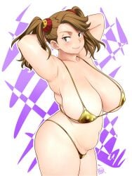 1girl 1girls 2017 2d 2d_(artwork) alternate_version_available armpits arms_behind_head arms_up belly belly_button belly_rolls big_breasts bikini bikini_bottom bikini_top blush blushing blushing_at_viewer breasts breasts_bigger_than_head brown_eyes brown_hair brown_hair_female brunette brunette_hair chubby chubby_female cleavage closed_mouth digital_drawing_(artwork) digital_media_(artwork) female female_focus female_only gold_bikini golden_bikini gundam gundam_build_fighters gundam_build_fighters_try half-closed_eyes hands_behind_head hi_res highres huge_breasts large_breasts navel pigtails purple_background sazaki_kaoruko shaved_armpit smile solo solo_female solo_focus standing string_bikini syow-maru white_background white_outline wide_hips