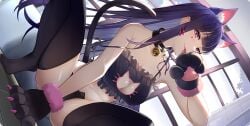 akuma_nihmune animal_ears animal_hands bangs bell black_bra black_panties black_thighhighs bra breasts cat_cutout cat_ears cat_lingerie cat_tail cleavage cleavage_cutout clothing_cutout collar female gloves heart indie_virtual_youtuber jingle_bell large_breasts long_hair looking_at_viewer meme_attire navel neck_bell panties paw_gloves purple_eyes purple_hair solo squatting strap_slip tail thighhighs tongue tongue_out underwear virtual_youtuber