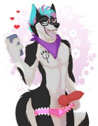 animal_genitalia anthro balls black_body black_fur blue_body blue_fur canid canine canis clothed clothing crossdressing erection eyewear fur genitals glasses grey_body grey_fur heterochromia ichi_ookami knot kwik_(artist) male male_only mammal mane panties penis pose purple_body purple_fur simple_background solo tattoo underwear voyeur wide_hips wolf