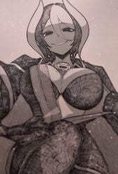 big_breasts bra cleavage creepy_smile f_ru12 girl hair_between_eyes looking_at_viewer low-angle_view made_in_abyss mature mature_female monochrome open_shirt ozen shaded_face short_hair smile two_tone_hair undressing whistle_around_neck