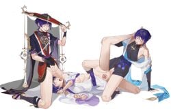 3cuntboys cuntboy gay genshin_impact kabukimono multiple_boys pubic_tattoo purple_hair saliva_trail scaramouche_(genshin_impact) scissoring selfcest sitting_on_face submissive_cuntboy trio yaoi