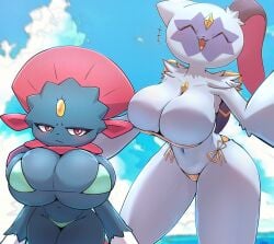 anthro armpits big_breasts blush breasts claws ebino_senaka feathers female fin generation_4_pokemon nintendo pokemon pokemon_(species) red_ears red_eyes red_feathers sneasler tail tail_feathers weavile