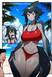 1boy 1girls ai_generated bikini breasts curvy ex-ragnarokknight grey_skin height_difference large_breasts monster_girl shark_girl shark_tail sharp_teeth tall_female taller_girl