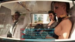 1boy 1futa 1girls 3d car cd_projekt_red clothed_female clothed_futanari clothed_male cyberpunk_2077 dialogue dinoboy555 elizabeth_peralez english_dialogue english_text futa_with_female hud inside_car no_penetration talking talking_to_another text v_(cyberpunk_2077) valerie_(cyberpunk_2077)