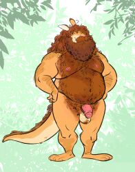 2024 absurd_res anthro arm_hair balls beard belly belly_hair big_beard body_hair chest_hair dramamine facial_hair flaccid genitals hairy hairy_balls hairy_tail hand_on_hip hi_res kangaroo leaf macropod male mammal marsupial moobs navel nipples nude outside overweight overweight_male penis plant pubes shoulder_hair smile solo standing tree vein veiny_penis