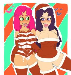 2d 2girls alien alien_girl alien_look_like_human blackfire christmas condom condom_in_mouth dc dc_comics erect_nipples female holidays komand'r koriand'r light-skinned_female light_skin multiple_girls nipples sisters starfire straight_hair tan-skinned_female tan_skin teen_titans