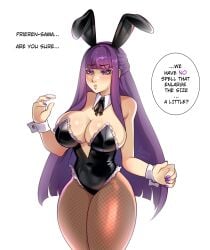 1girls big_breasts bunny_ears bunnysuit cleavage detached_collar dialogue english_text female female_only fern_(sousou_no_frieren) fishnet_pantyhose fishnets fully_clothed long_hair mambolina pantyhose pout purple_eyes purple_hair revealing_clothes skimpy_clothes solo sousou_no_frieren speech_bubble text thick_thighs tight_clothing very_high_resolution white_background wrist_cuffs