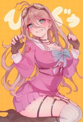 ass big_breasts black_boots blonde_hair blush bondage_gear boots breasts cleavage danganronpa danganronpa_v3 fat_ass female_only fully_clothed huge_breasts iruma_miu nervous seifuku sfw sitting solo sweat teal_eyes tears thick_thighs