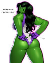 1girls artist_name ass ass_focus back_view bubble_butt dat_ass english_text green_hair green_skin hulk_(series) jennifer_walters marvel marvel_comics muscular muscular_female pope_of_dairy she-hulk superheroine wedgie