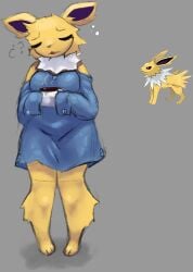 anthro artesjsc big_breasts breasts clothed clothing coffee cute digital_media_(artwork) eepy eeveelution female furry hi_res jolteon nintendo pokémon_(species) pokemon sleepy thick_thighs white_fur wide_hips yellow_fur