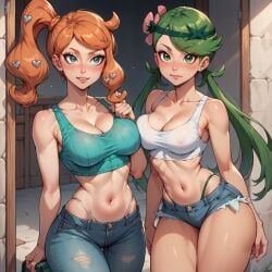 2girls ai_generated athletic_female daisy_dukes denim denim_shorts female female_only highleg highleg_thong mallow_(pokemon) multiple_girls navel pokemon sonia_(pokemon) stable_diffusion tagme toned_female