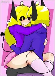 :3 bed big_thighs blue_hoodie brother brother_and_sister crystal demon_horns demon_tail gray_pants hoodie horns hugging incest katie_(mr.kuperrs) kuperrs_(mr.kuperrs) mr.kuperrs oc original_characters pants pink_skirt sister sitting sitting_on_person skirt smile stockings tail thighhighs thighs unsure white_legwear worried worried_look yellow_hair