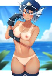 ai_generated blue_eyes blue_hair blush looking_at_viewer my_hero_academia nude ocean shaved_pussy sirius_(my_hero_academia) su_whore_(artist) tan_lines tan_skin